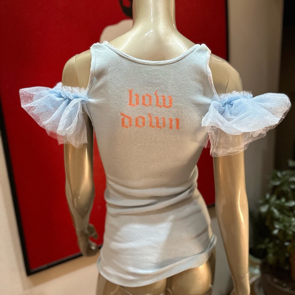 BOW DOWN distressed ribbon keyhole handmade tank flutter sleeves distressed M - Picture 7 of 11